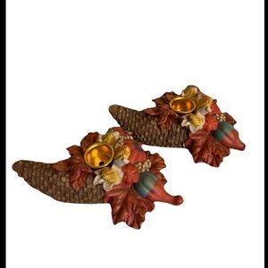 Set Of 2 Fall Ceramic Cornucopia Tapered Candlestick Holders Fall,Thanksgiving